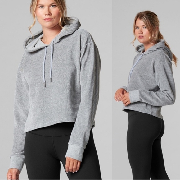 Tavi Noir Tops - Tavi Noir Semi Cropped Hoodie‎ Womens XS Gray Ribbed Velvet  Lounge Athleisure